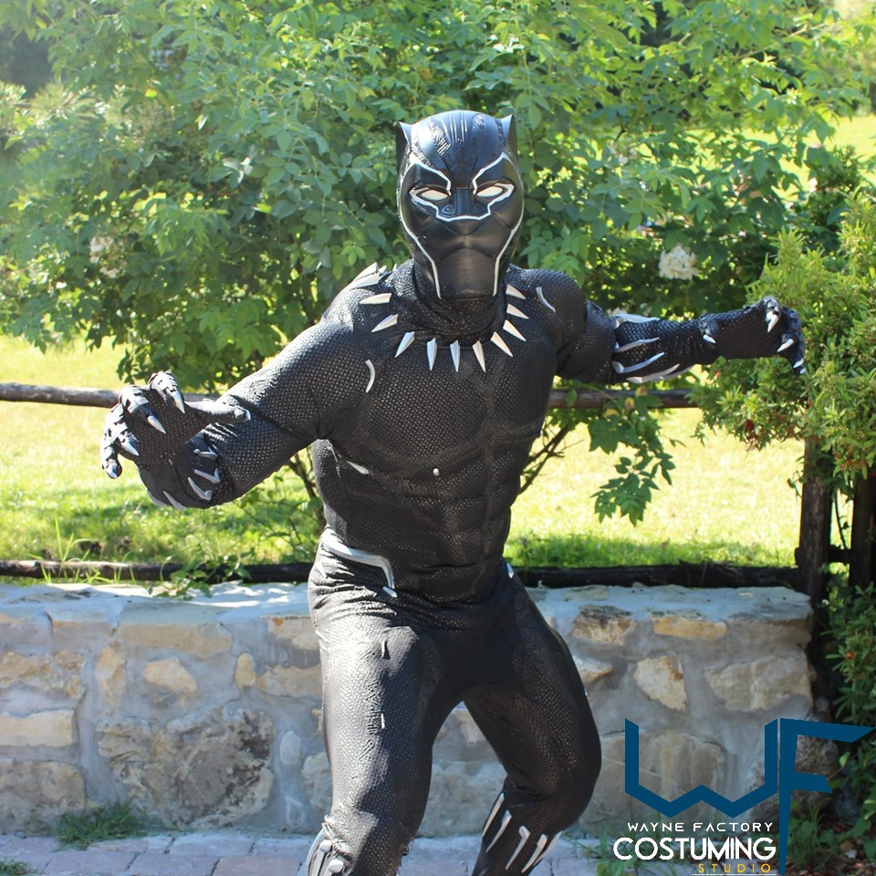 black panther wakanda costume cosplay with screen print and rubber cast parts Avengers marvel inspired