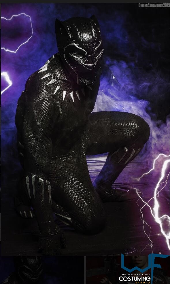 black panther wakanda costume cosplay with screen print and rubber cast parts Avengers marvel inspired