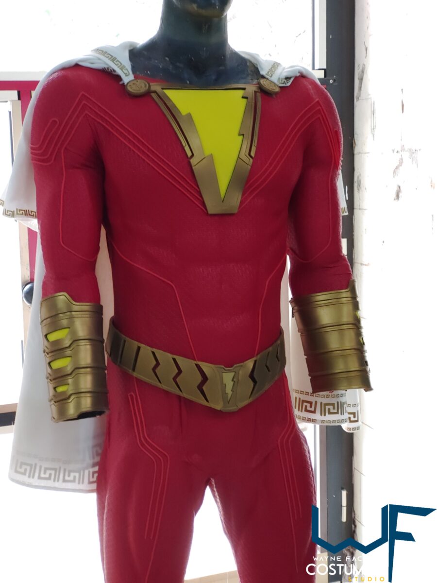 shazam dc comics costume complete cosplay suit screen print and accessories rubber cast boots bracers logo belt cape