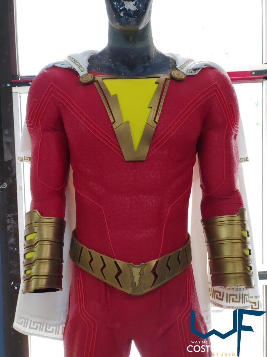 shazam dc comics costume complete cosplay suit screen print and accessories rubber cast boots bracers logo belt cape