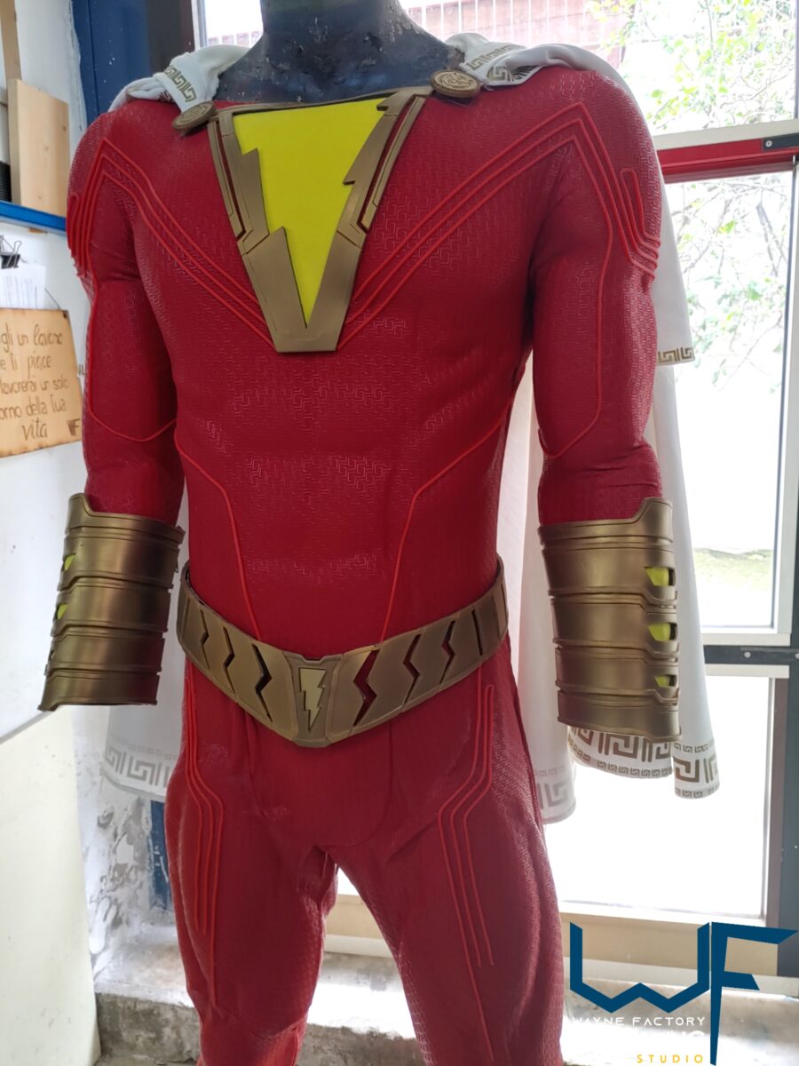 shazam dc comics costume complete cosplay suit screen print and accessories rubber cast boots bracers logo belt cape