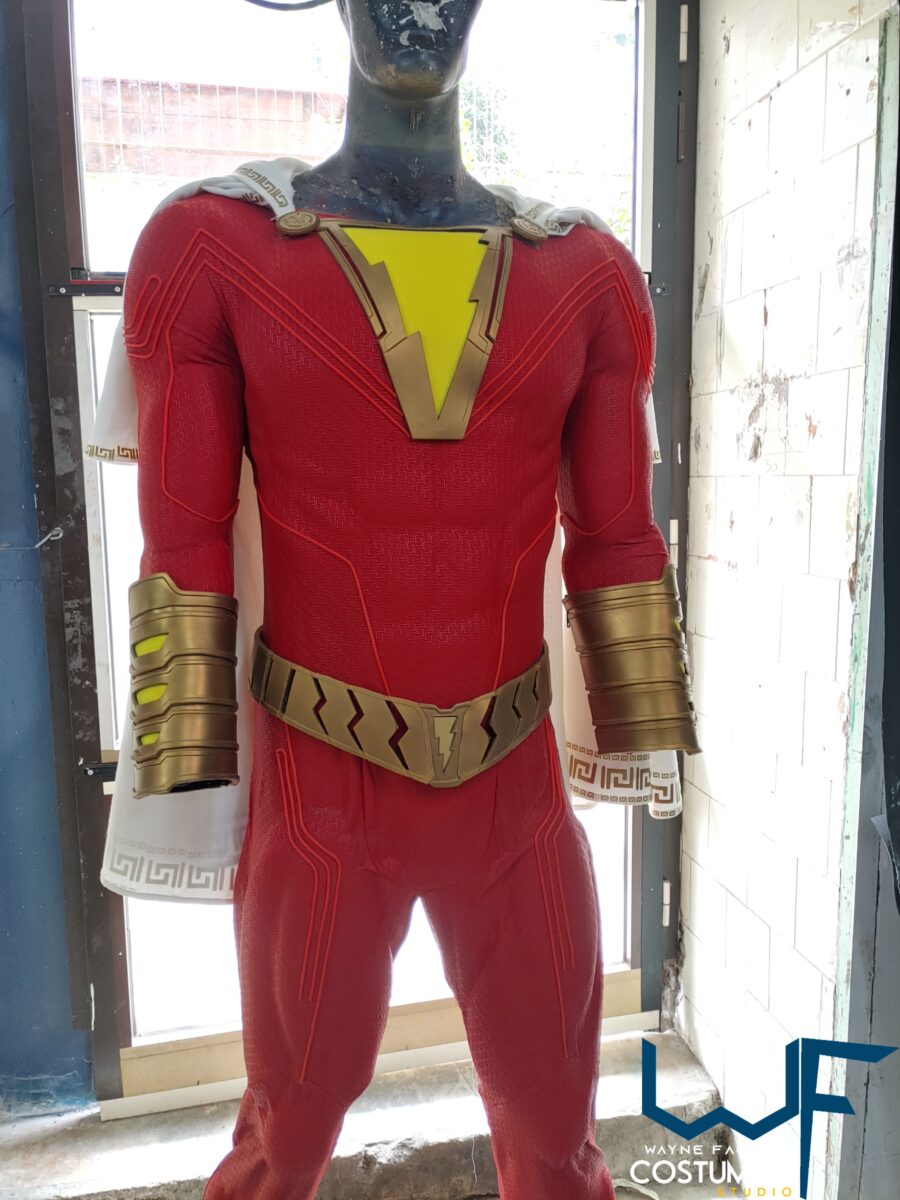 shazam dc comics costume complete cosplay suit screen print and accessories rubber cast boots bracers logo belt cape