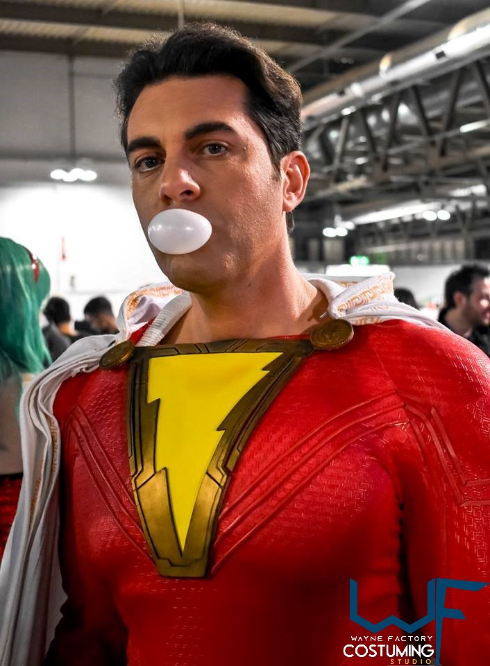 shazam dc comics costume complete cosplay suit screen print and accessories rubber cast boots bracers logo belt cape