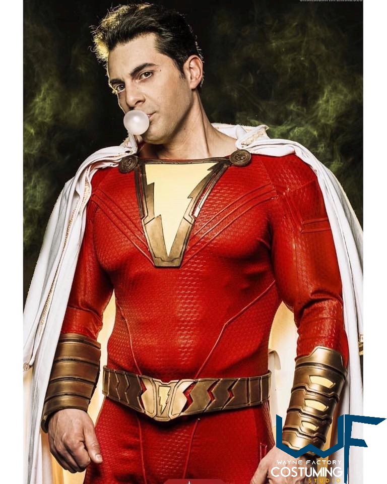 shazam dc comics costume complete cosplay suit screen print and accessories rubber cast boots bracers logo belt cape