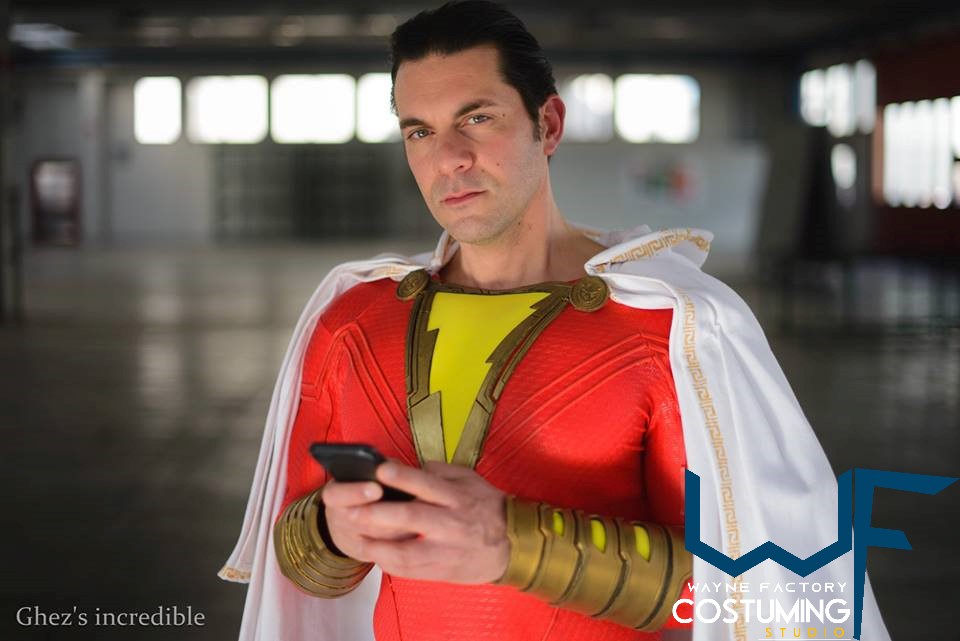 shazam dc comics costume complete cosplay suit screen print and accessories rubber cast boots bracers logo belt cape