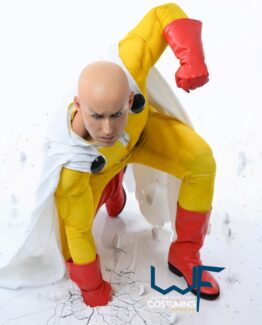 saitama one punch man cosplay costume inpired muscle suit yellow with all accessories