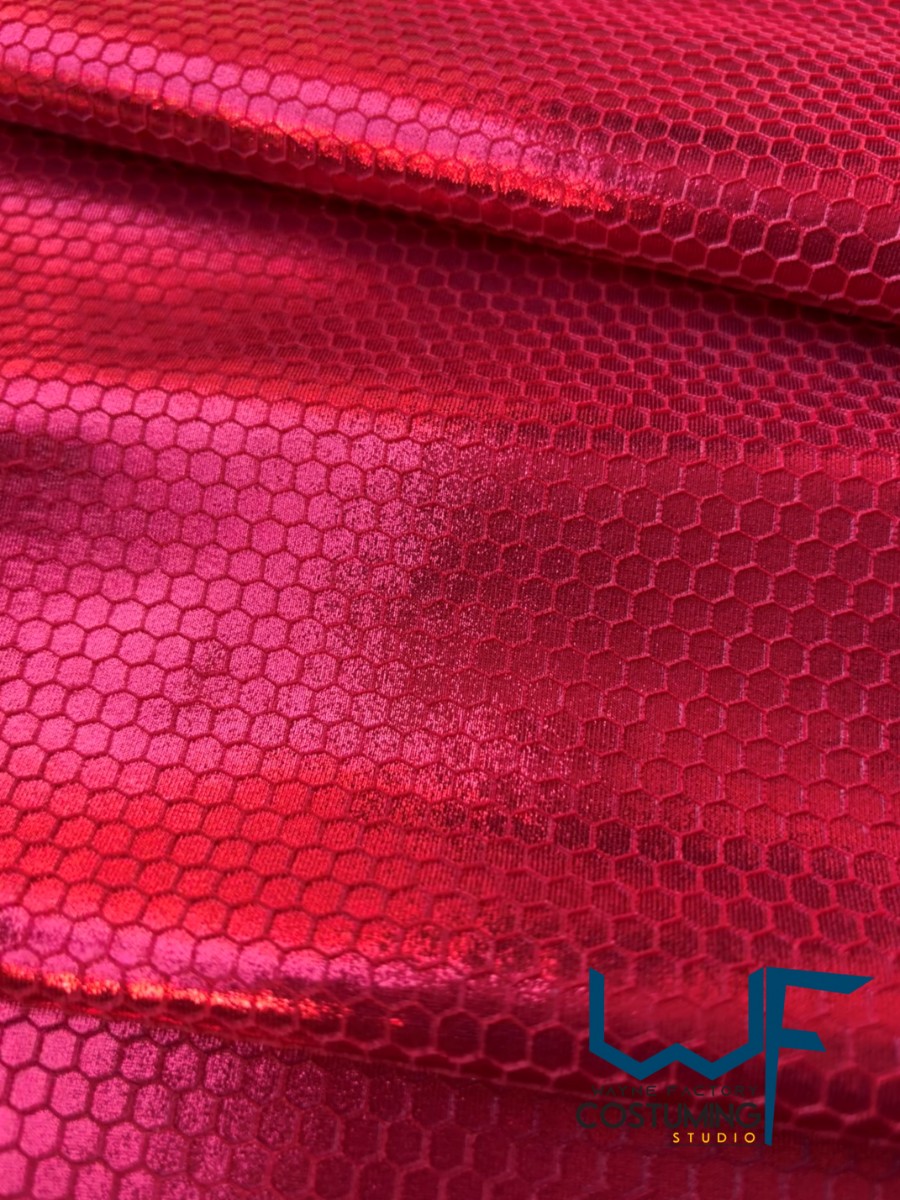 honey comb on metallic fabric shiny pattern texture screen printed fabric spandex lycra for cosplay and superhero elastic stretch tiles costume